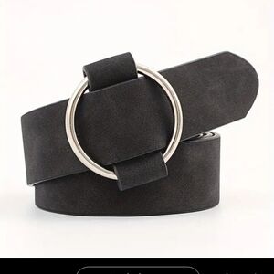 Vegan Black Soft Suede Leather Round Silver Buckle Belt